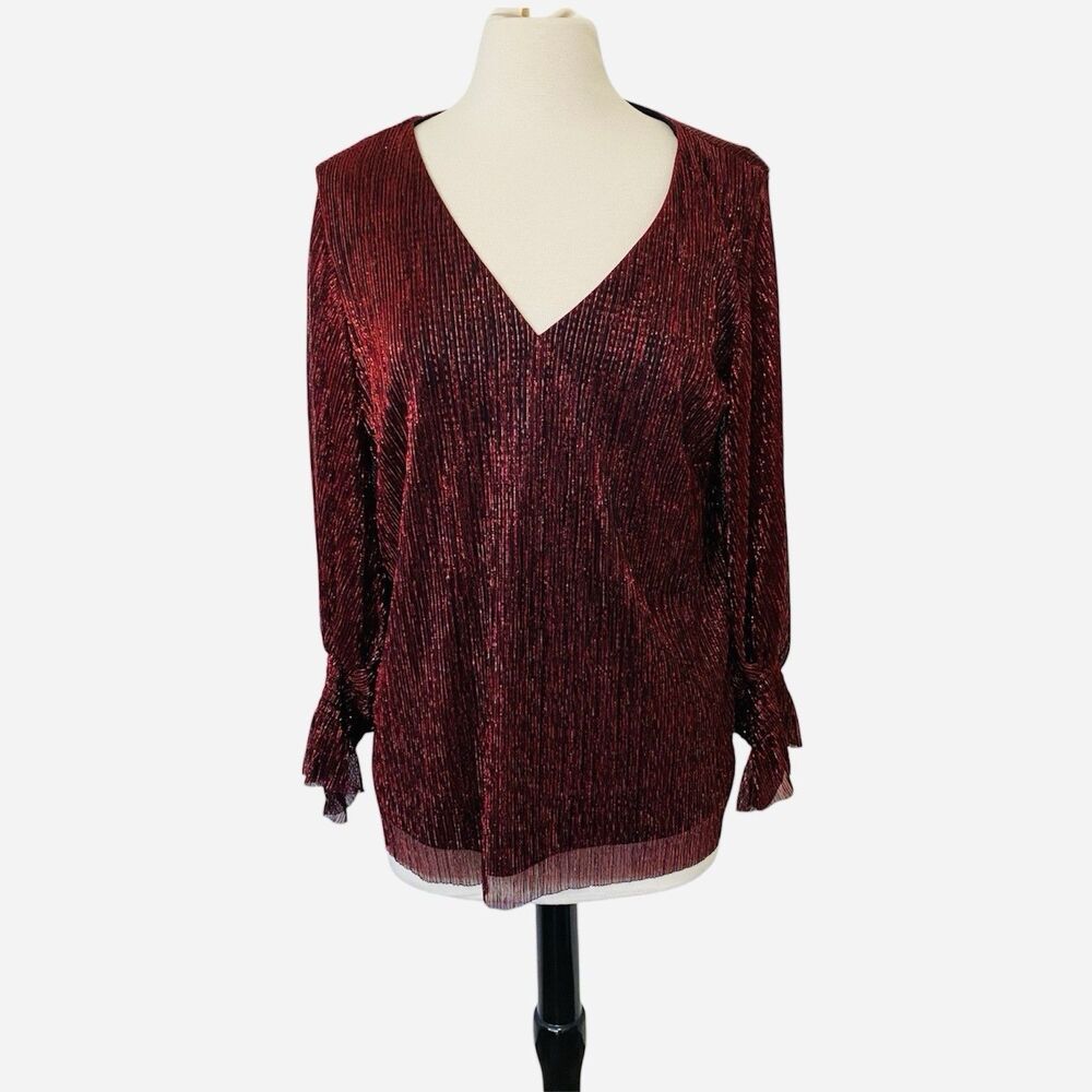 MSK Red Metallic Blouse Womens Large Sheer Sleeve V Neck Party Holiday Top
